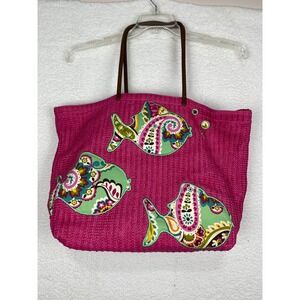 Vera Bradley Pink Straw Tote Bag Paisley Fish Applique Beach Shoulder Bag Large
